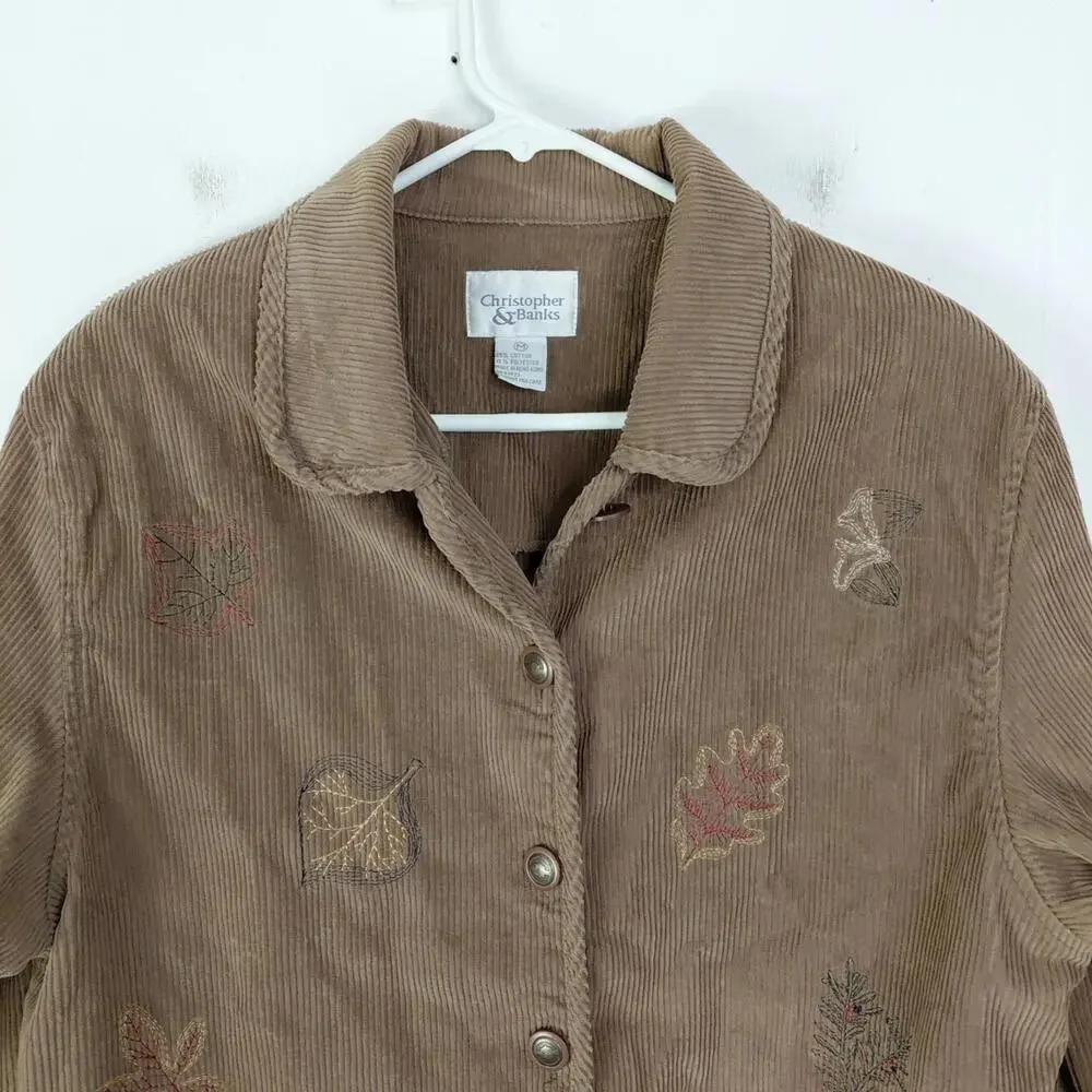 Christopher Banks Jacket Womens M Vintage Corduroy Embroidered Leaves Grandma
